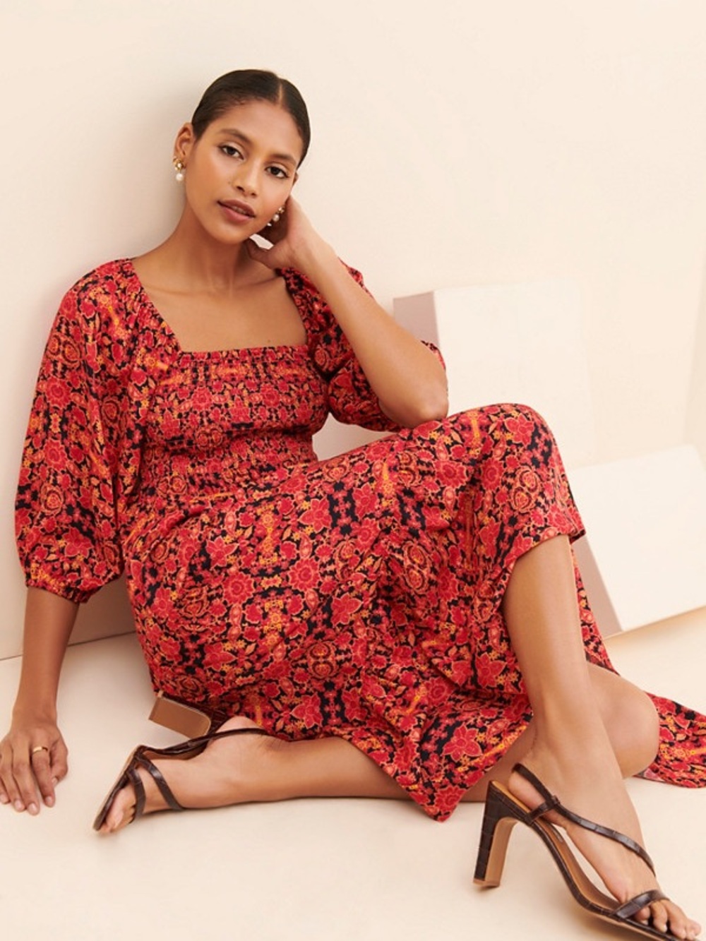 Du Paradis - Puff Sleeve Red Floral Square-Neck Midi Dress